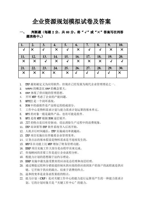 企业资源规划模拟试卷及答案