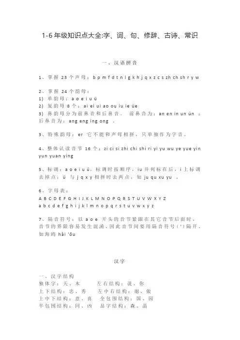 小学语文1-6年级知识点大全