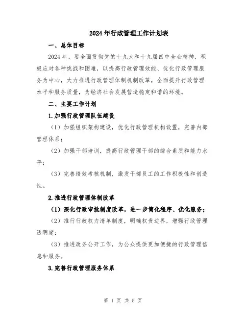 2024年行政管理工作计划表
