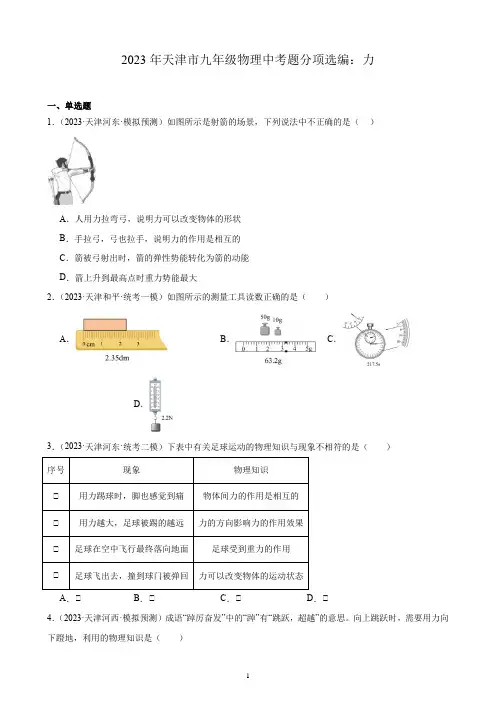 2023年天津市九年级物理中考题分项选编：力