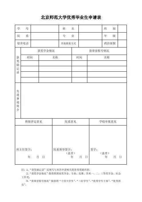 北京师范大学优秀毕业生申请表