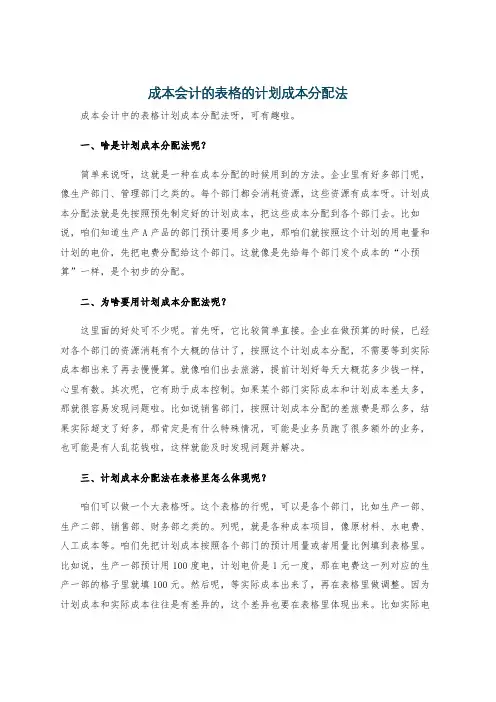 成本会计的表格的计划成本分配法