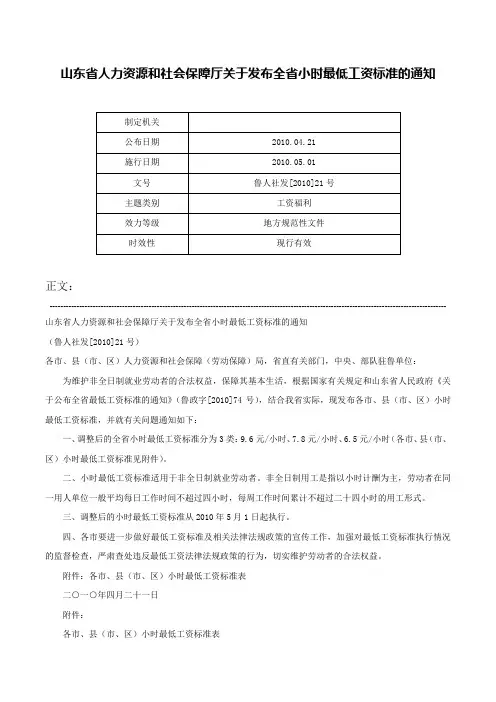 山东省人力资源和社会保障厅关于发布全省小时最低工资标准的通知-鲁人社发[2010]21号