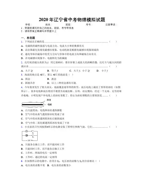 2020年辽宁省中考物理模拟试题附解析