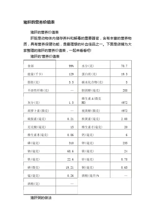 猪肝的营养价值表