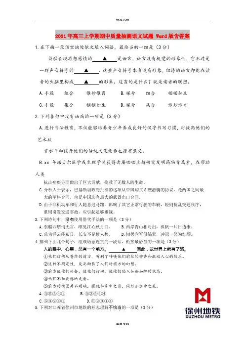 2021年高三上学期期中质量抽测语文试题 Word版含答案