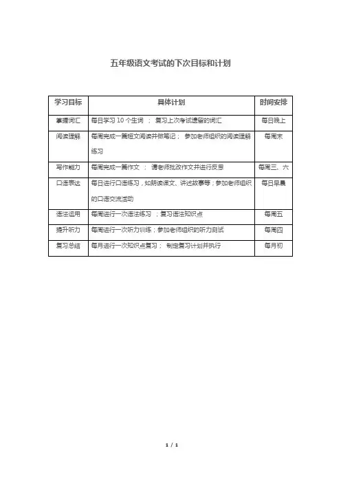 五年级语文考试的下次目标和计划