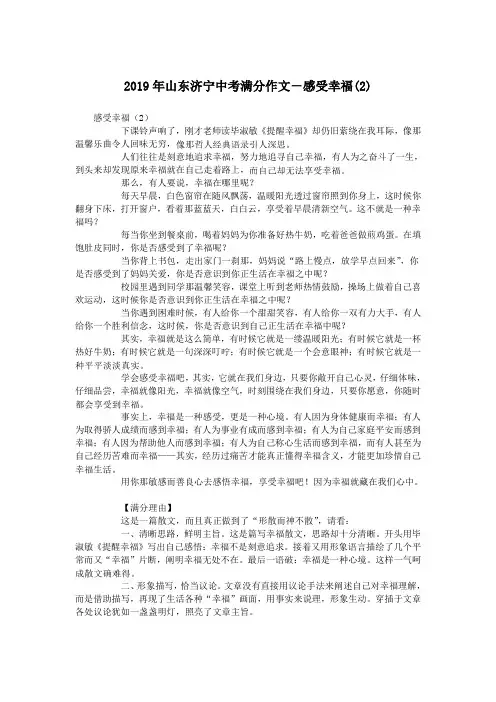 2019年山东济宁中考满分作文-感受幸福(2).doc