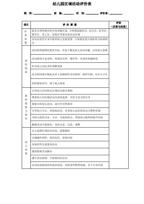 幼儿园区域活动评价表