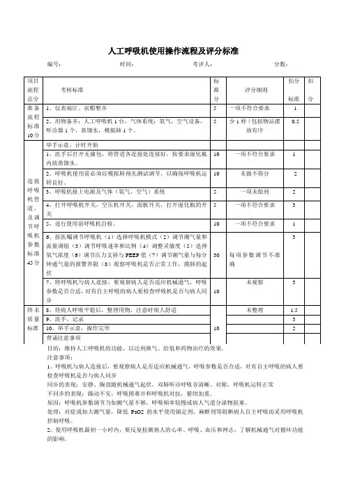 人工呼吸机使用操作流程及评分标准