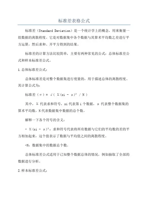 标准差表格公式