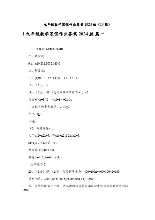 九年级数学寒假作业答案2024版(10篇)