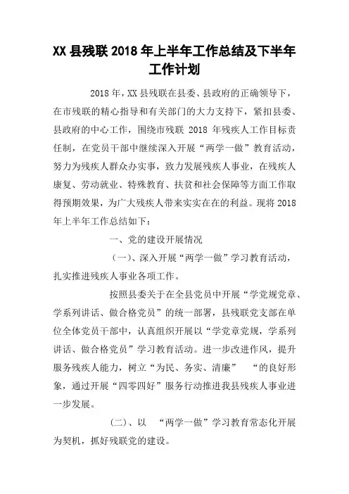 XX县残联2018年上半年工作总结及下半年工作计划
