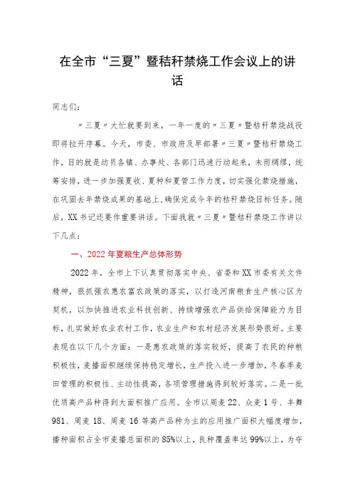 在全市“三夏”暨秸秆禁烧工作会议上的讲话