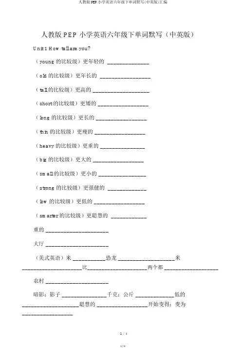 人教版PEP小学英语六年级下单词默写(中英版)汇编