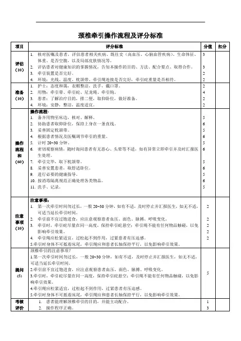 颈椎牵引操作流程及评分标准