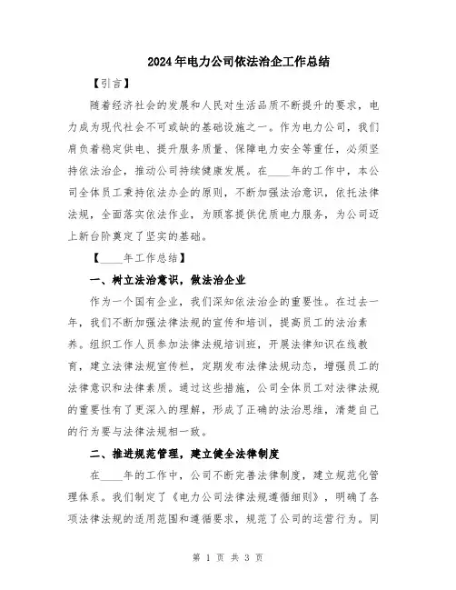 2024年电力公司依法治企工作总结