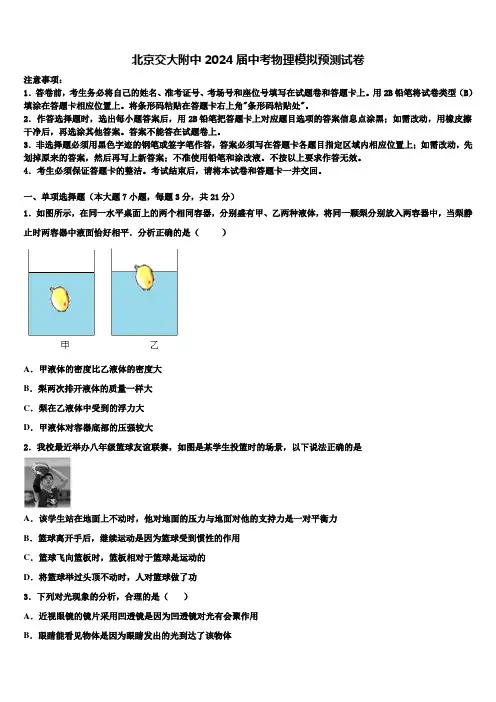 北京交大附中2024届中考物理模拟预测试卷含解析