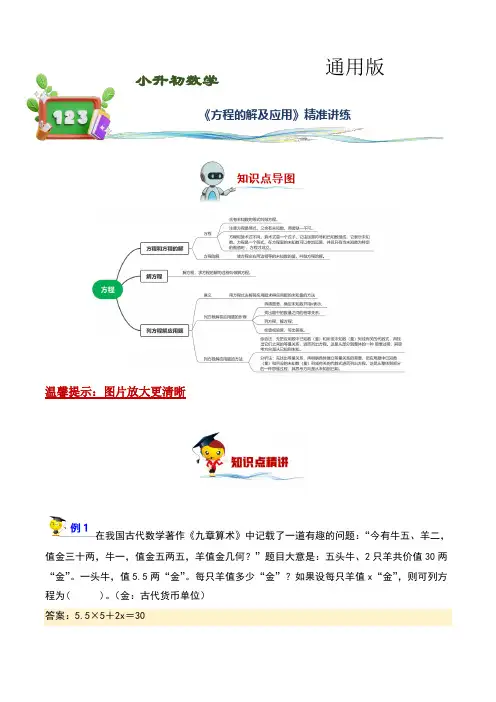 方程的解及应用(讲义)-2022-2023学年小升初数学精讲精练专题汇编讲义(通用版,教师版)