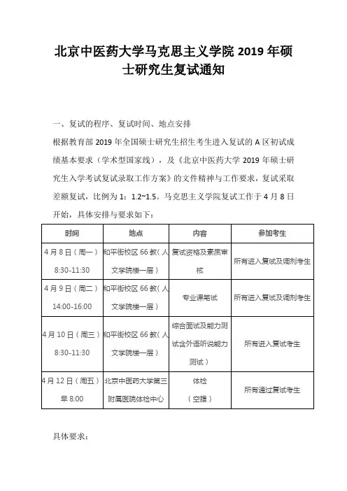 北京中医药大学马克思主义学院2019年硕士研究生复试通知