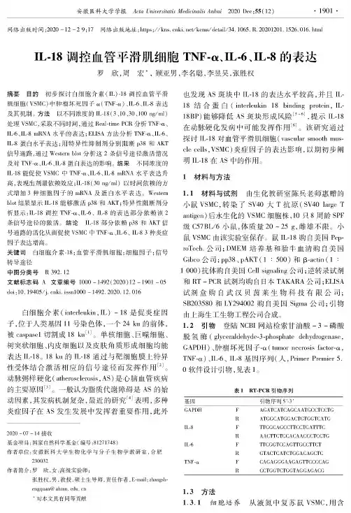IL-18调控血管平滑肌细胞TNF-α、IL-6、IL-8的表达
