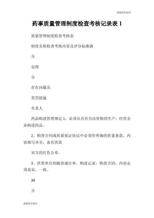 药事质量管理制度检查考核记录表.doc