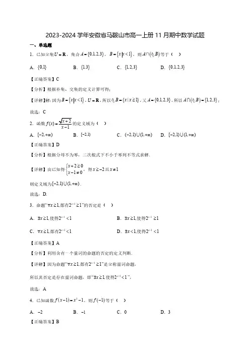 2023-2024学年安徽省马鞍山市高一上学期11月期中质量检测数学试题(含解析)