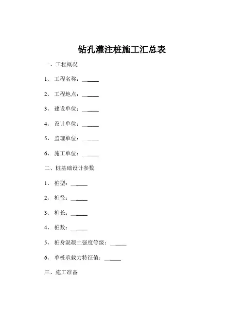 钻孔灌注桩施工汇总表