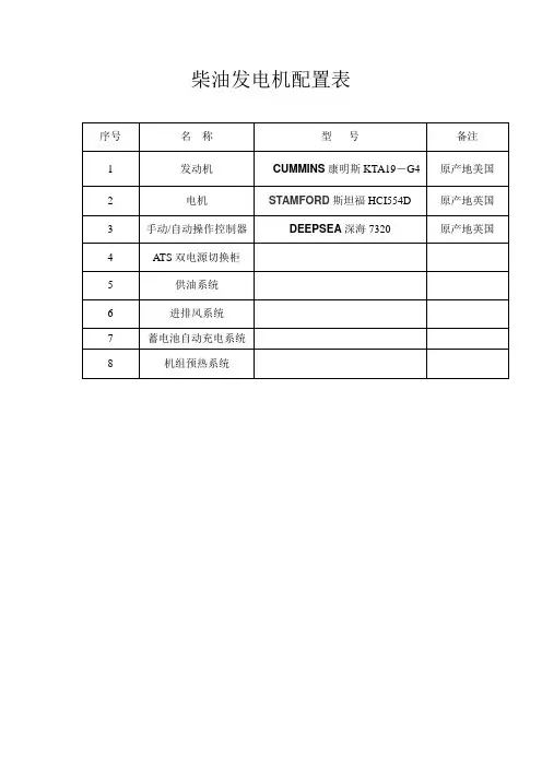 发电机配置表