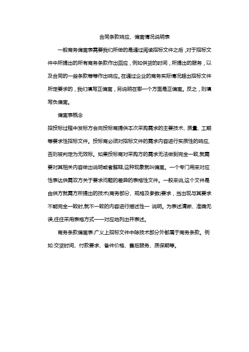 合同条款响应、偏离情况说明表
