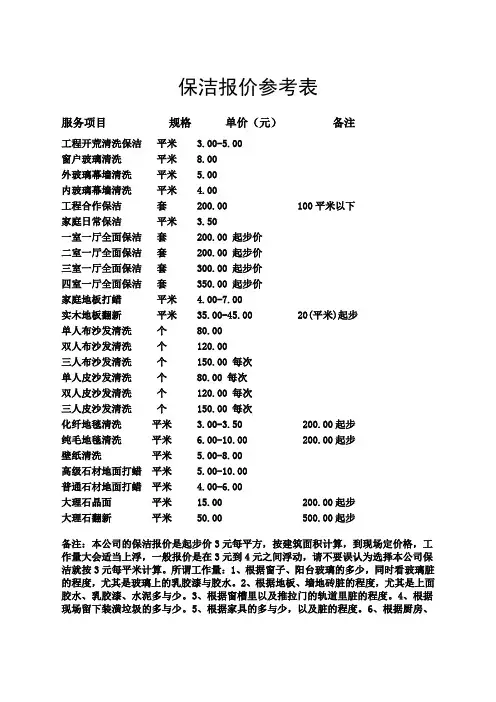 保洁报价参考表