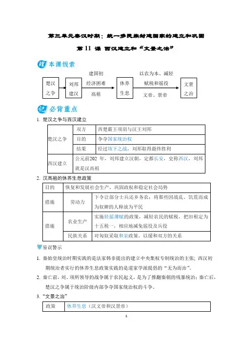 2024年人教版七年级上册历史基础知识背记第11课西汉建立和“文景之治”
