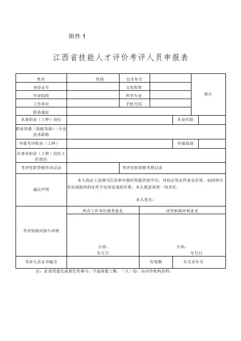 江西省技能人才评价考评人员申报表