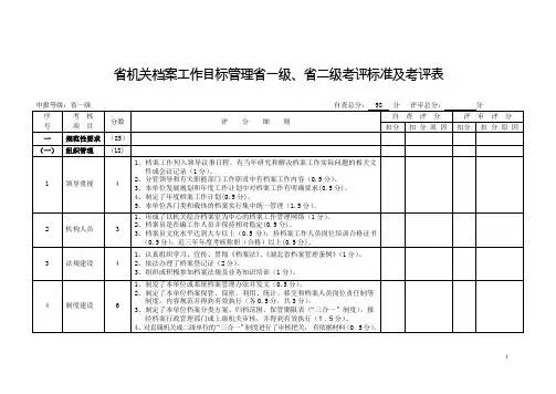 省机关档案工作目标管理省一级、省二级考评标准及考评表