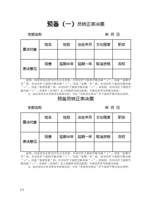 预备党员转正表决票(标准格式)