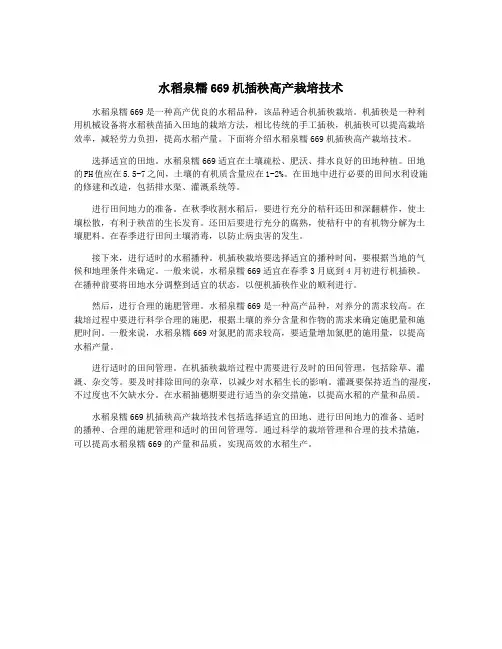 水稻泉糯669机插秧高产栽培技术
