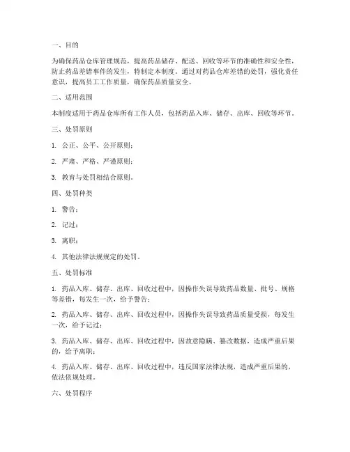 药品仓库差错处罚管理制度