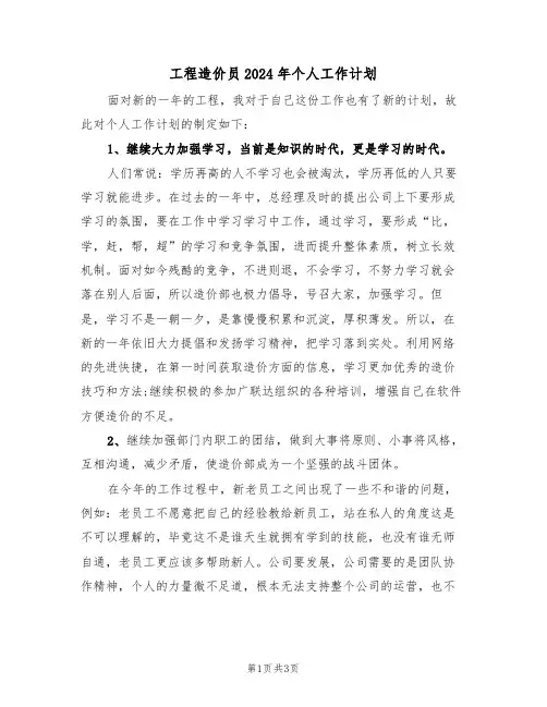 工程造价员2024年个人工作计划(二篇)