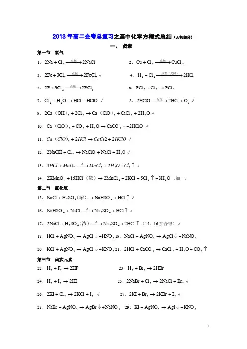 2013年高二会考总复习之高中化学方程式总结(2013.5.17)
