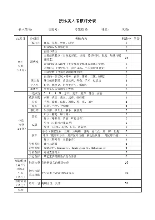 1接诊病人考核表100分
