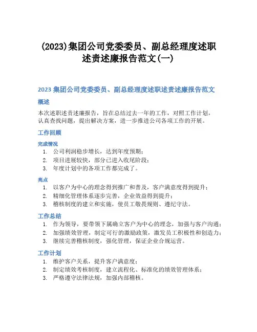 (2023)集团公司党委委员、副总经理度述职述责述廉报告范文(一)
