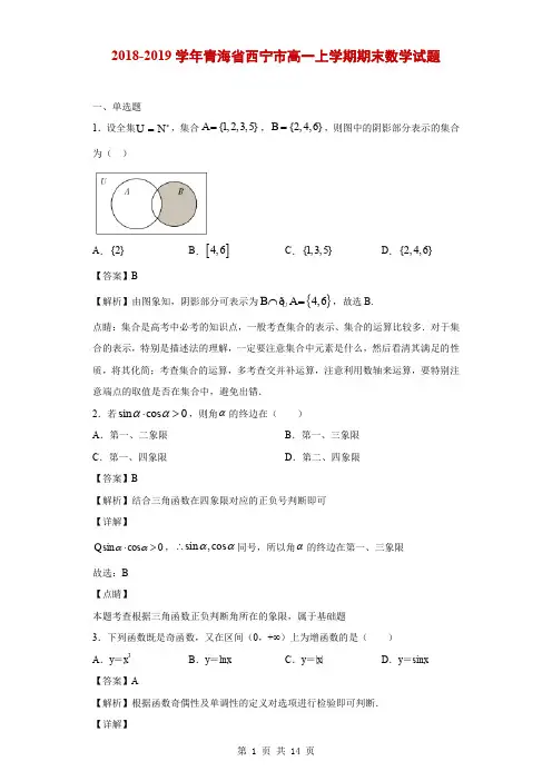 2018-2019学年青海省西宁市高一上学期期末数学试题(解析版)