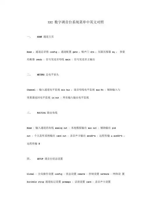 百灵达X数字调音台系统菜单中英文对照