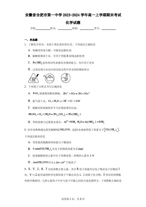 安徽省合肥市第一中学2023-2024学年高一上学期期末考试化学试题