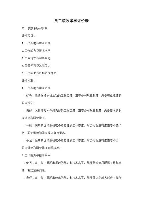 员工绩效考核评价表