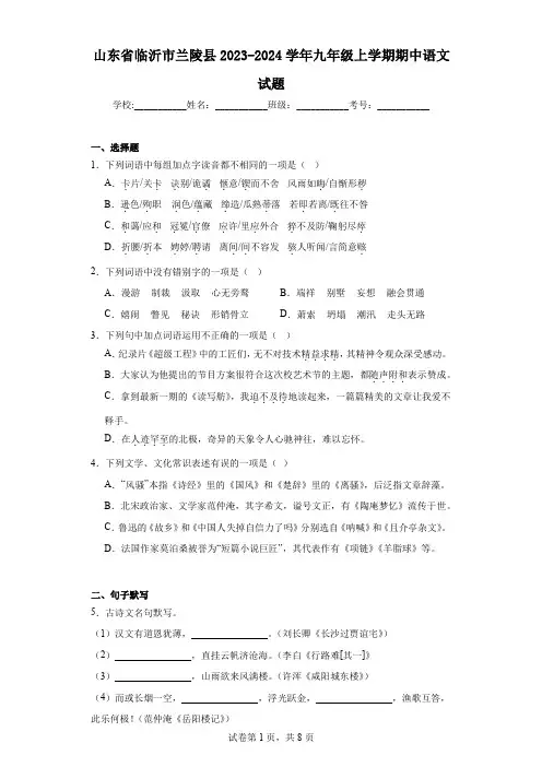 山东省临沂市兰陵县2023-2024学年九年级上学期期中语文试题