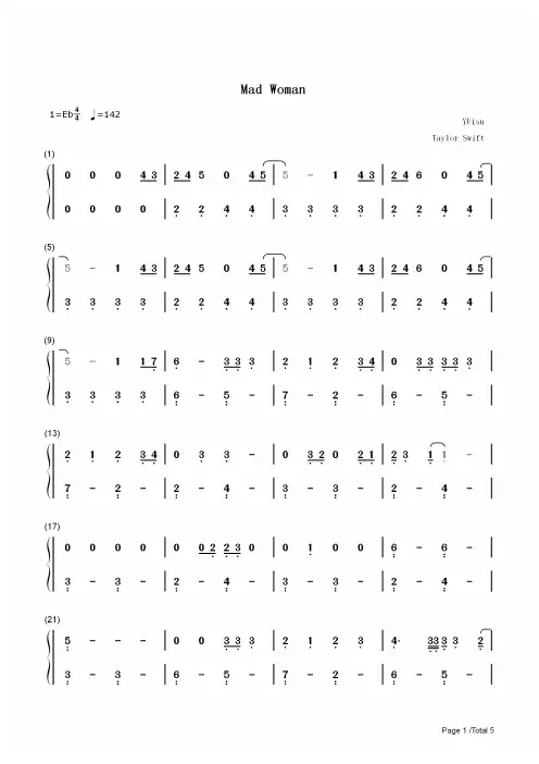钢琴谱 Mad Woman-Taylor Swift 双手简谱_共5张(全)