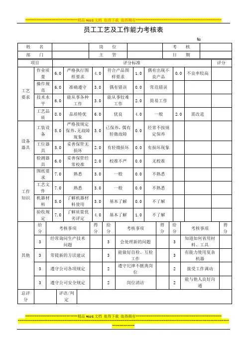员工工艺及工作能力考核表