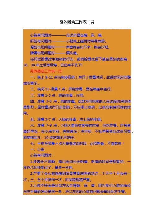 身体器官工作表一览