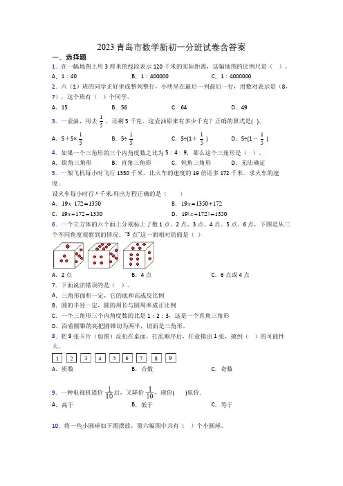 2023青岛市数学新初一分班试卷含答案